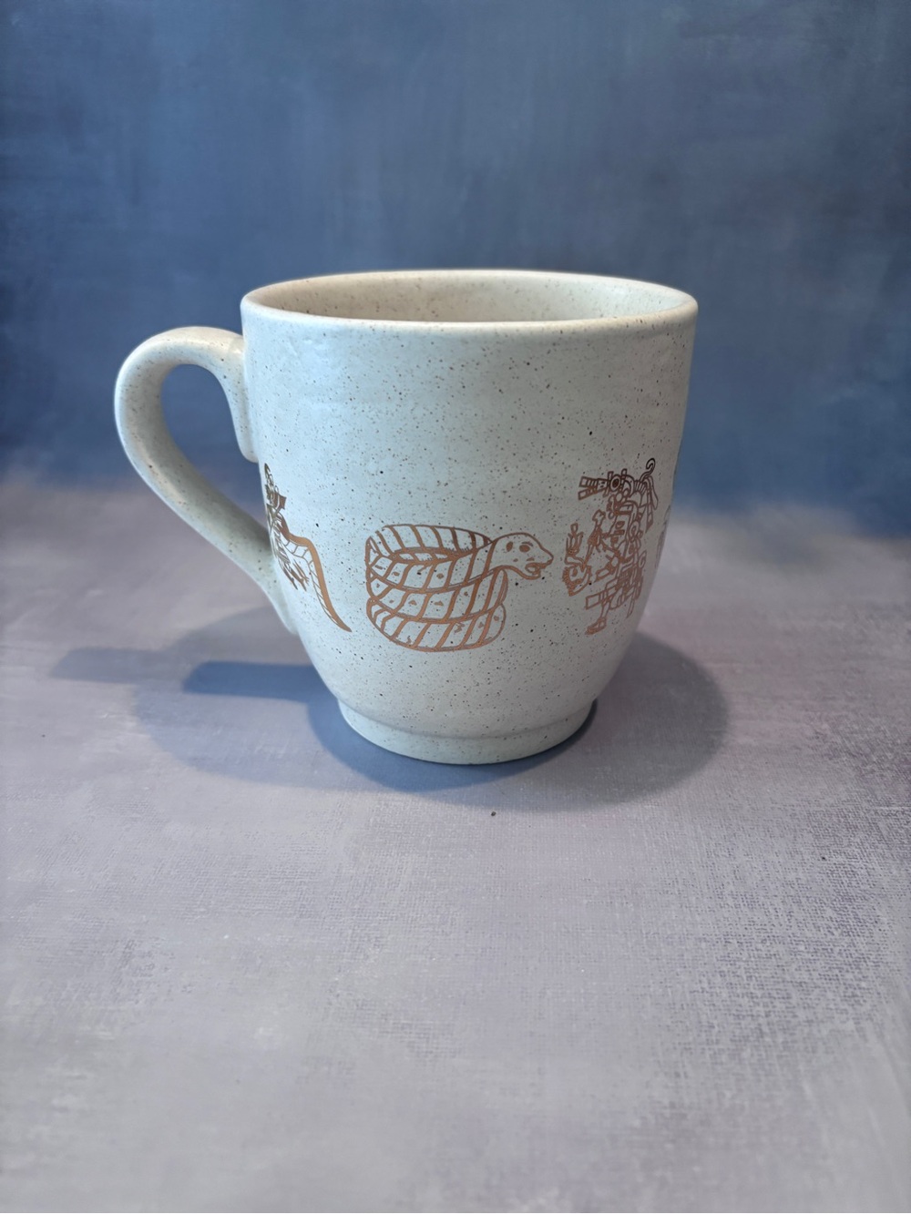 Handmade Speckled Ceramic Mug with Gold Mayan Motifs
